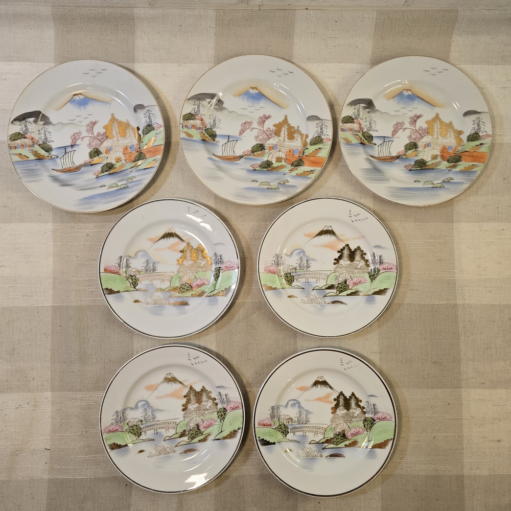 Japanese Porcelain Plates Kutani Ware & Manin Fuji Mountain Japan Gold Set of 7
